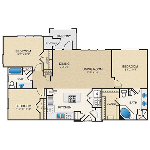 C13 Floor Plan at Cypress at Lewisville Apartment Homes, Lewisville, TX 75067