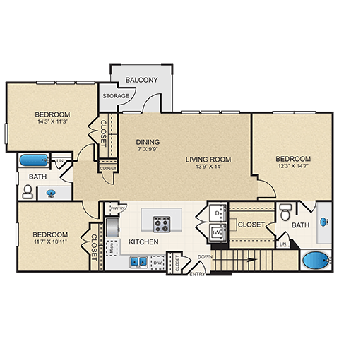 C1G Floor Plan at Cypress at Lewisville Apartment Homes, Lewisville, 75067