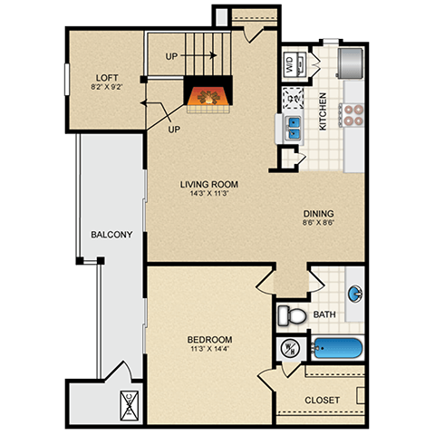 a floor plan of a home with a bedroom and a living room at Waterford Place Apartments & Townhomes, Overland Park, KS