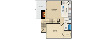 a floor plan of a two story home with a garage and a balcony at Waterford Place Apartments & Townhomes, Overland Park