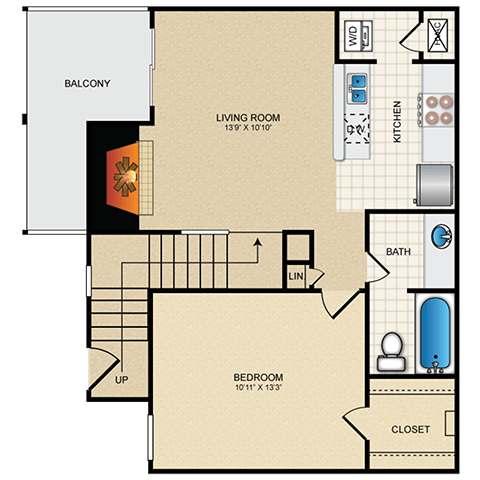 a floor plan of a two story home with a garage and a balcony at Waterford Place Apartments & Townhomes, Overland Park
