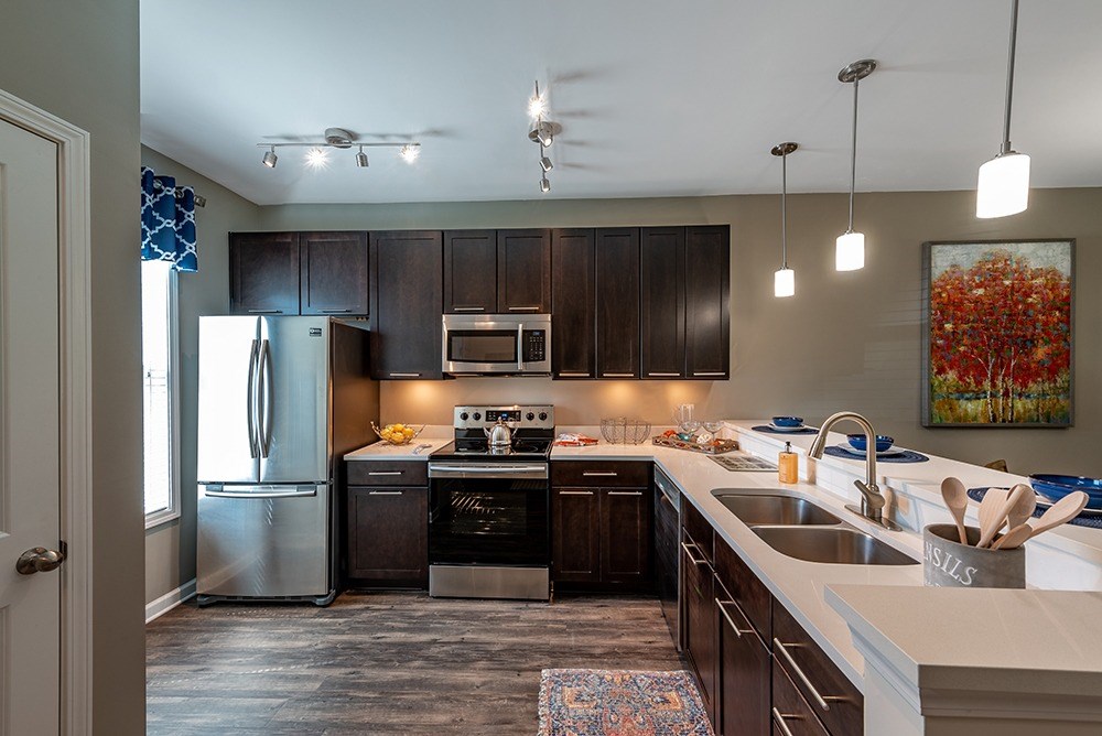 A modern kitchen with dark wood cabinets and stainless steel appliances.