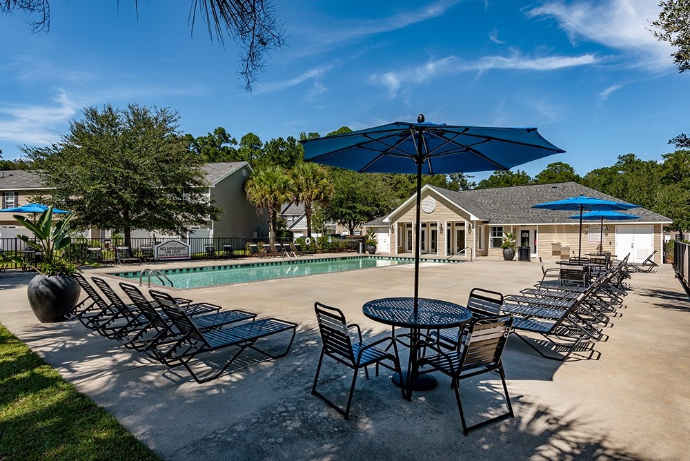 A sunny day at the poolside with chairs and umbrellas.