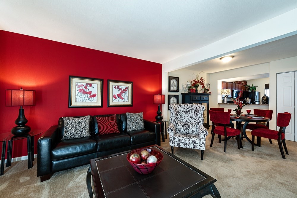 A living room with a black couch and red accents.