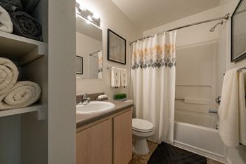 a bathroom with a shower and a sink and a toilet
