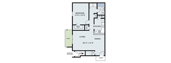 A floor plan of a home with a bedroom, living room, kitchen, dining room, and patio.