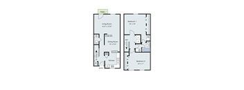 A floor plan of a two bedroom apartment with a living room, dining room, kitchen, and patio.
