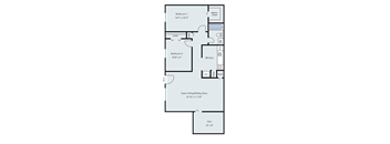 A floor plan of a small apartment with two bedrooms, a kitchen, and a den.