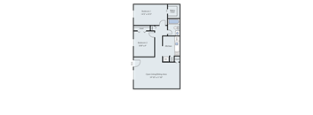 A floor plan of a small apartment with two bedrooms, a kitchen, and an open living/dining area.