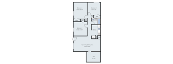 A floor plan of a house with three bedrooms, a kitchen, and an open living/dining area.