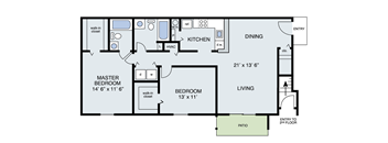 A floor plan of a house with a living room, dining room, kitchen, and two bedrooms.