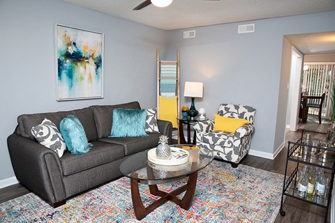a living room with a couch and a coffee table