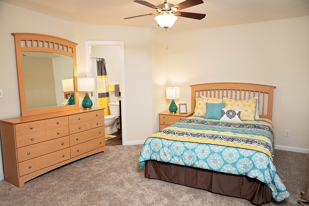 A bedroom with a bed, dresser, and mirror.