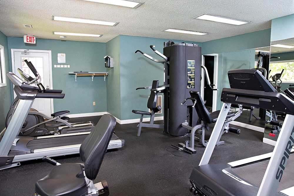 a gym with various exercise machines and weights