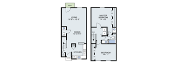 A floor plan of a two-bedroom apartment with a living room, dining room, kitchen, and patio.