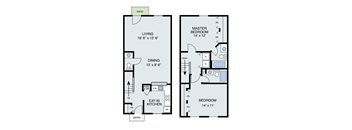 A floor plan of a house with a living room, dining room, kitchen, and two bedrooms.