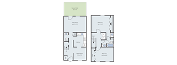 A floor plan of a penciled yard 16'x12' with a living room, kitchen, dining room, and two bedrooms.