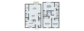 A floor plan of a house with a living room, dining room, kitchen, two bedrooms, a pantry, a cloakroom, and a patio.