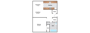 A floor plan of a small apartment with a kitchen, living room, bedroom, and bathroom.
