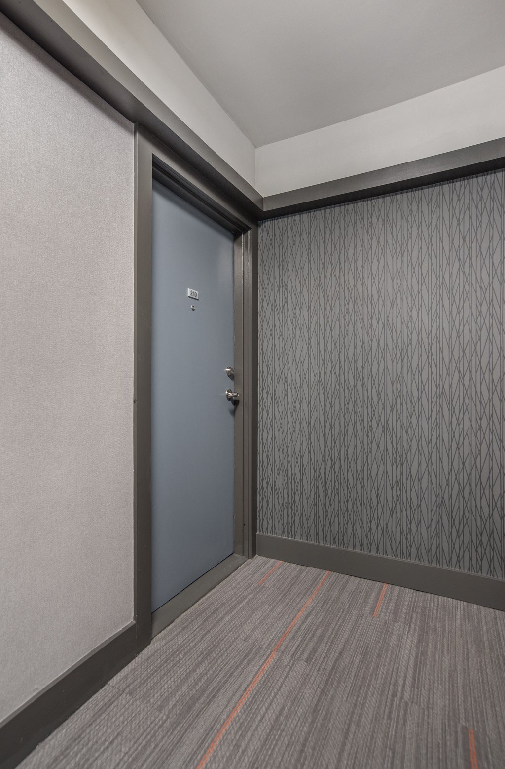 a door in a room with a carpet and a door with a curtain