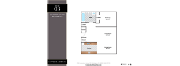 A floor plan for a one bedroom, one bath apartment at the Connecticut House.