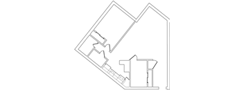 a black and white floor plan of a small home with a kitchenette and a living room