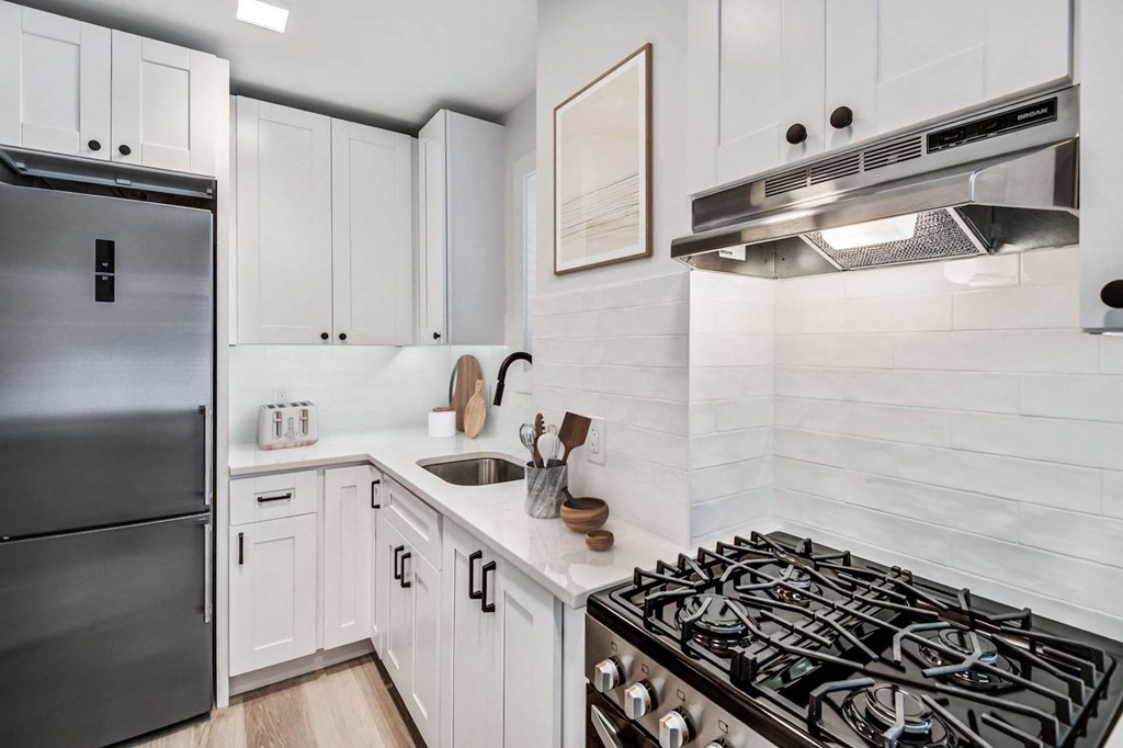a white kitchen with a stove and a refrigerator