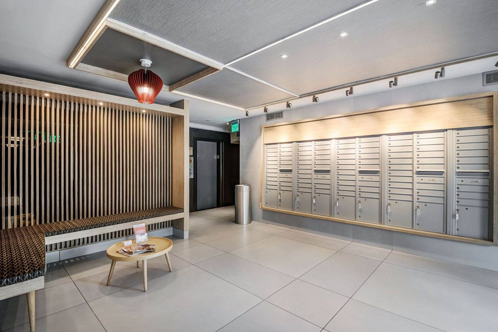 a locker room with a table and some lockers