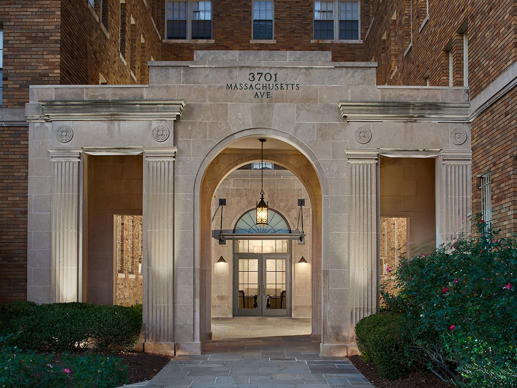 the facade of the marshall building at night