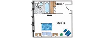 a floor plan of a small house with a bathroom and a kitchen