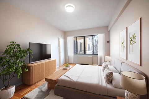 A modern bedroom with a large bed, a television, and a potted plant.