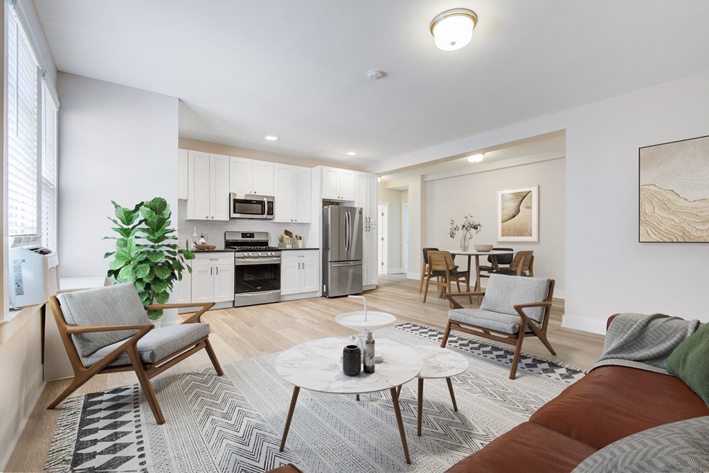 a living room with a couch and a table