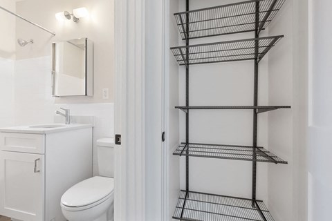 a bathroom with a shower and a toilet and a shelf