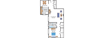 A floor plan of a small apartment with a living room, dining area, kitchen, bath, and bedroom.