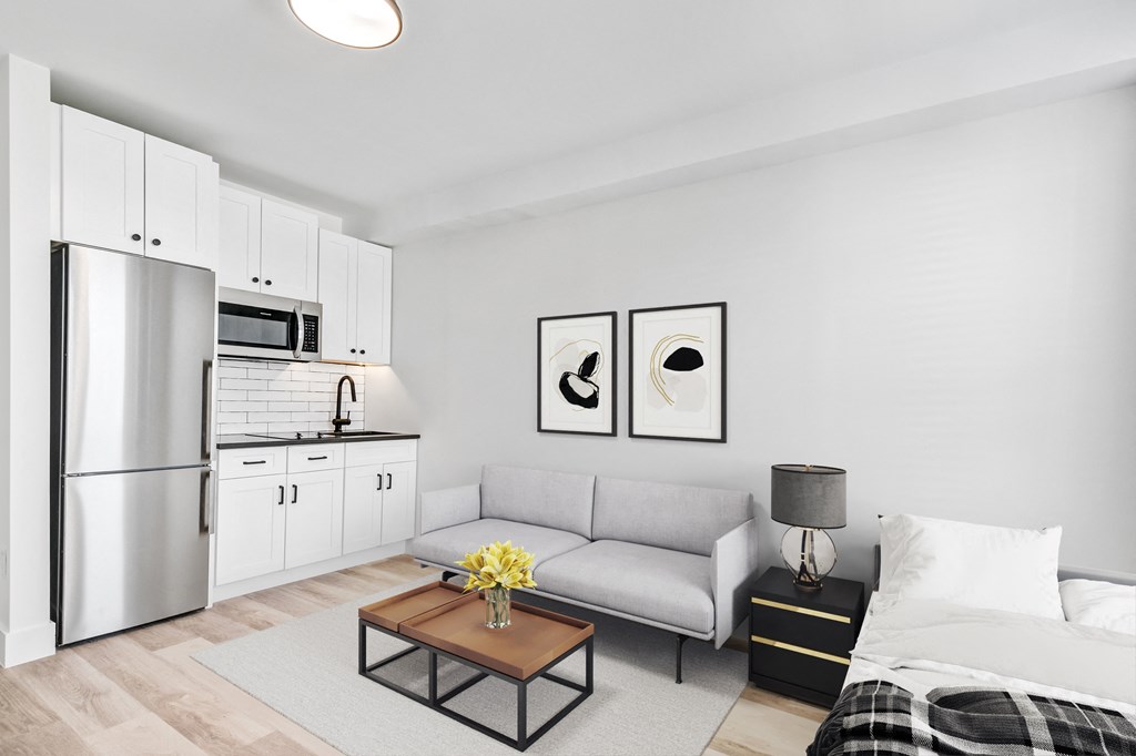 a living room with a couch and a table