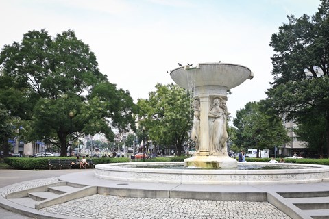 a water fountain in the middle of a park