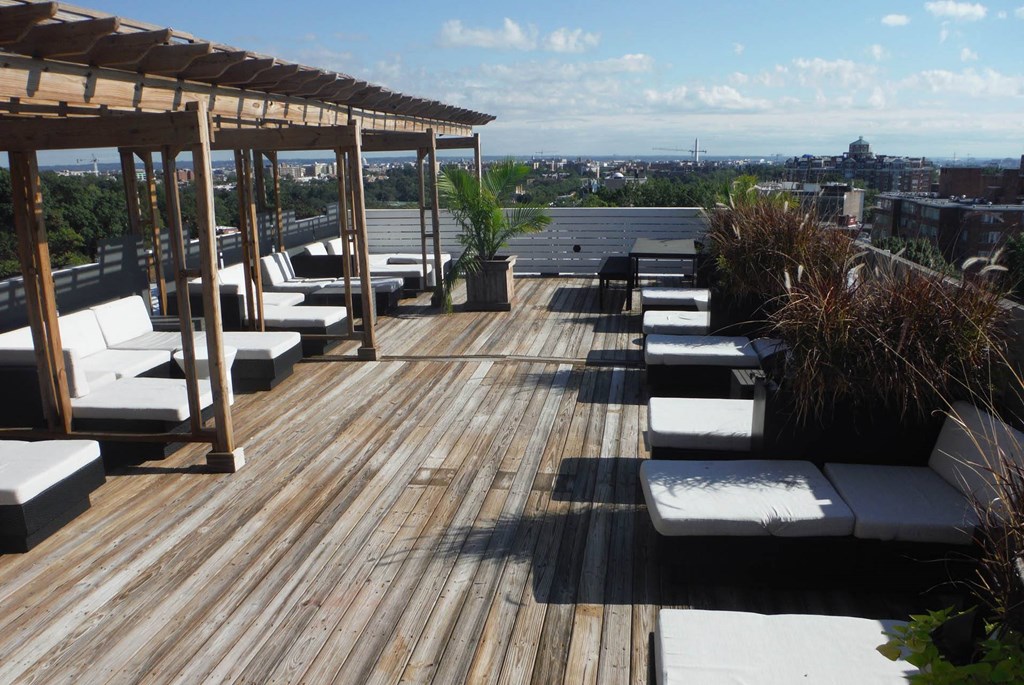 a roof top lounge area with lounge chairs and a view of the city