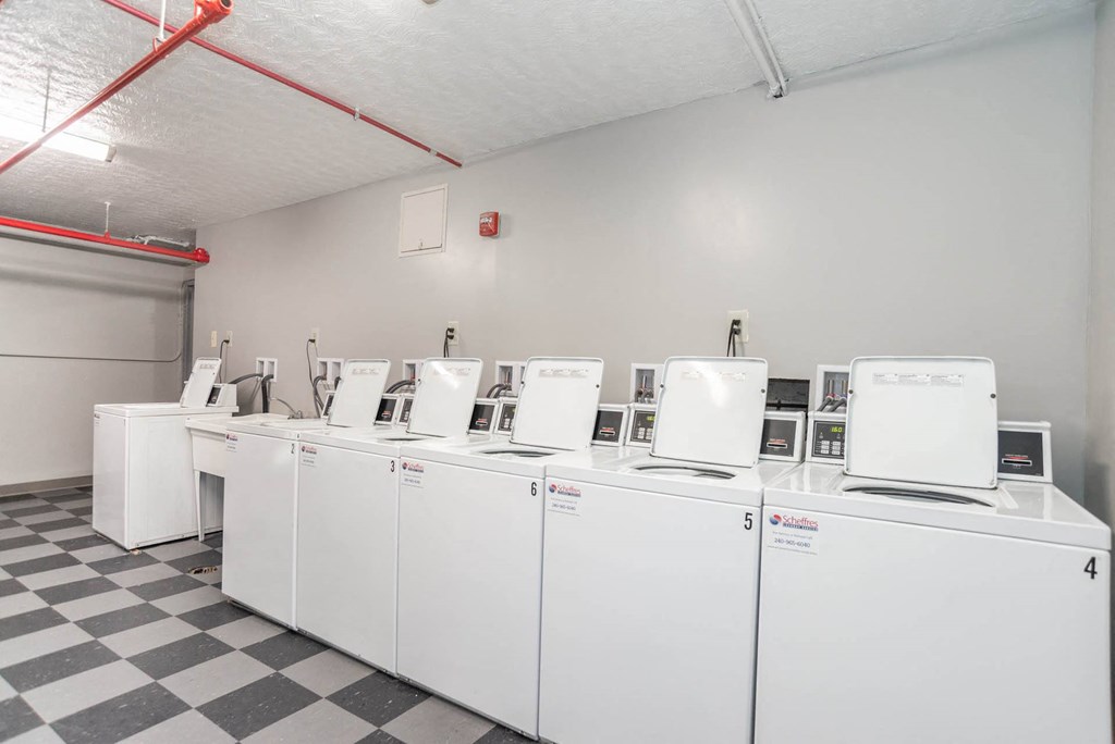 a row of washers and dryers in a laundry room