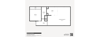 A floor plan of a property with a kitchen, living room, dining room, and two bedrooms.