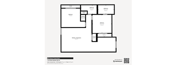 A floor plan of a property with a living room, two bedrooms, two bathrooms, and a kitchen.