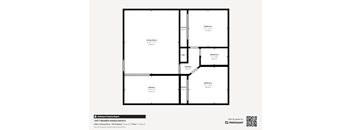 A floor plan of an apartment with a living room, kitchen, and two bedrooms.