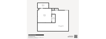 A floor plan of a property with a bedroom, bathroom, kitchen, living room, and two closets.