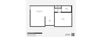 Floor plan for a property with a living room, dining room, kitchen, hallway, and bathroom.