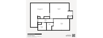 A floor plan of a property with a kitchen, dining room, living room, bathroom and bedroom.