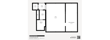 A floor plan of a property with a kitchen, dining room, two bathrooms, two hallways, and a cellar.