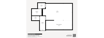 A floor plan of a property with a kitchen, dining room, two bathrooms and a studio.