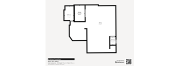 A floor plan of an apartment with a kitchen, bathroom and living room.