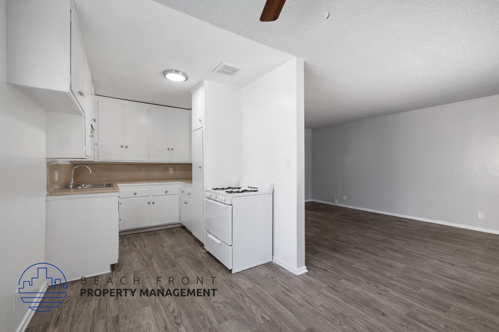a white kitchen with white cabinets and a wood floor