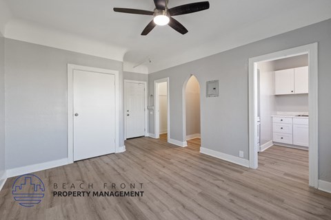 a renovated living room with a ceiling fan and a hallway to two closets