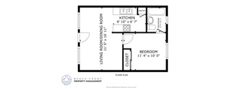 A floor plan for a living room, dining room, kitchen, and bedroom.
